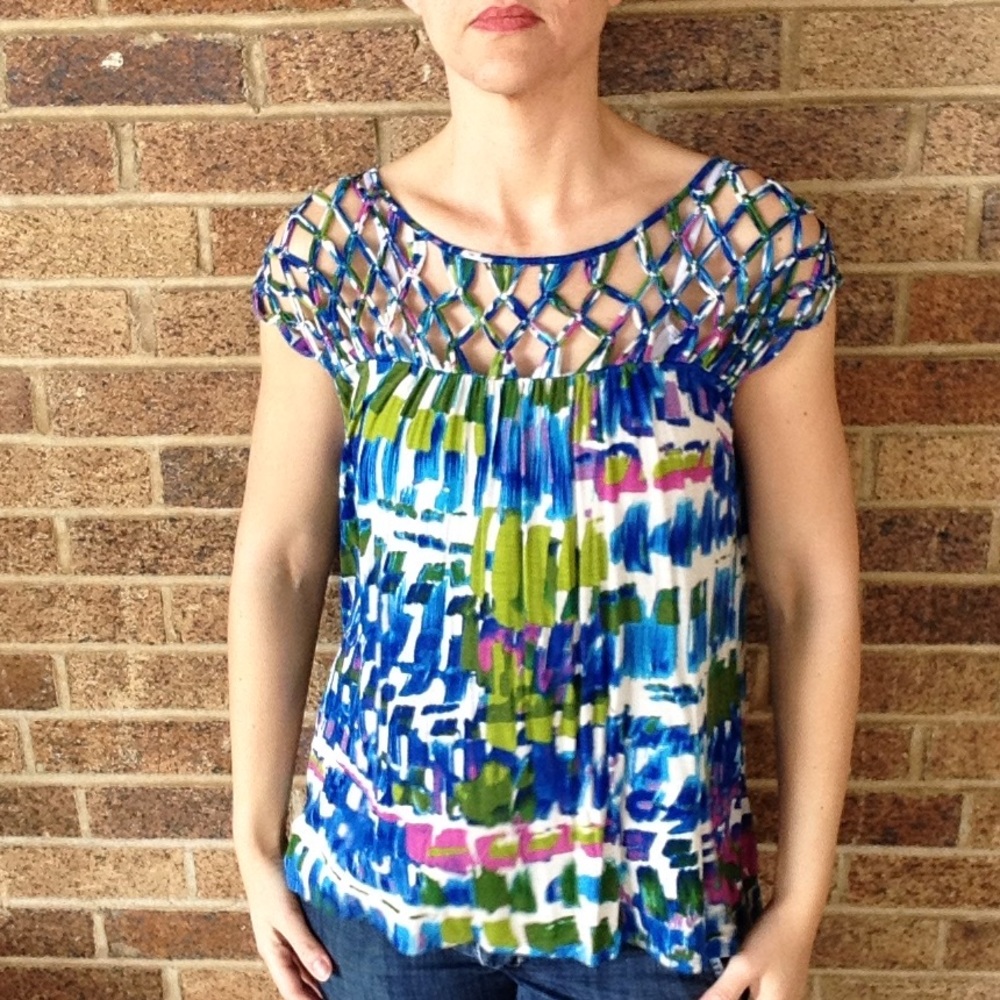 PLENTY TRACY REESE lattice yoke top anthro S M (D5 - Picture 1 of 6